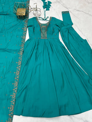 Roman Chanderi Silk Embroidered Anarkali Set – Teal Blue