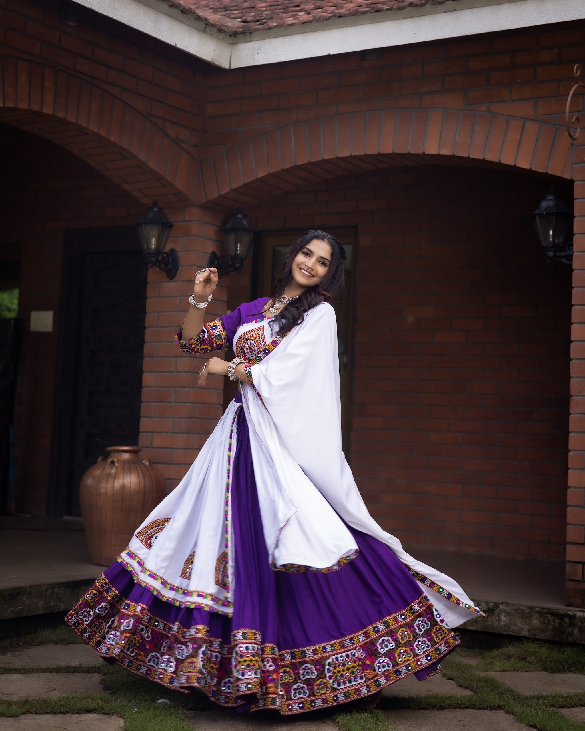 Navratri Purple White Arches Patch Work Lehenga Set