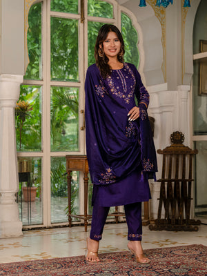 Marina Silk Embroidered Straight Kurti Set – Violet