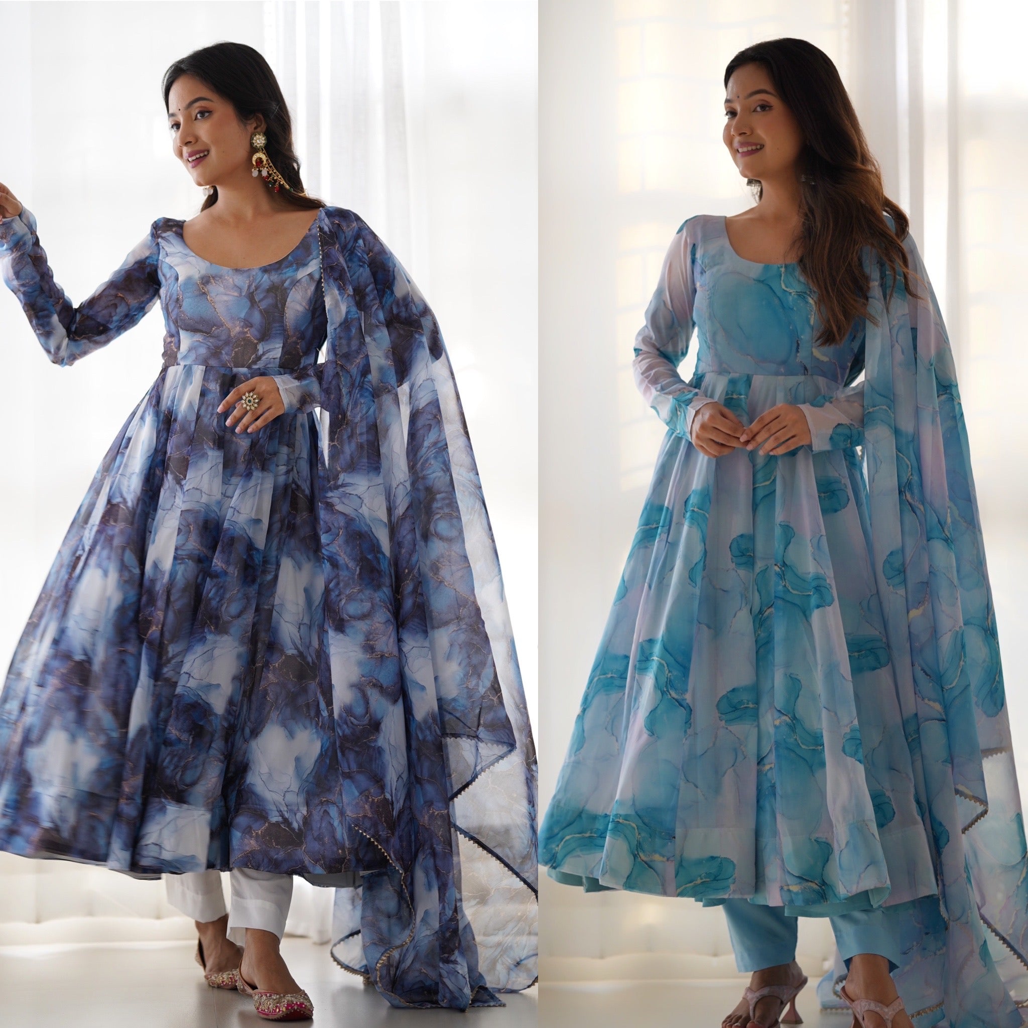 Organza Silk Printed Anarkali Set – Navy Blue