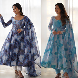 Organza Silk Printed Anarkali Set – Navy Blue