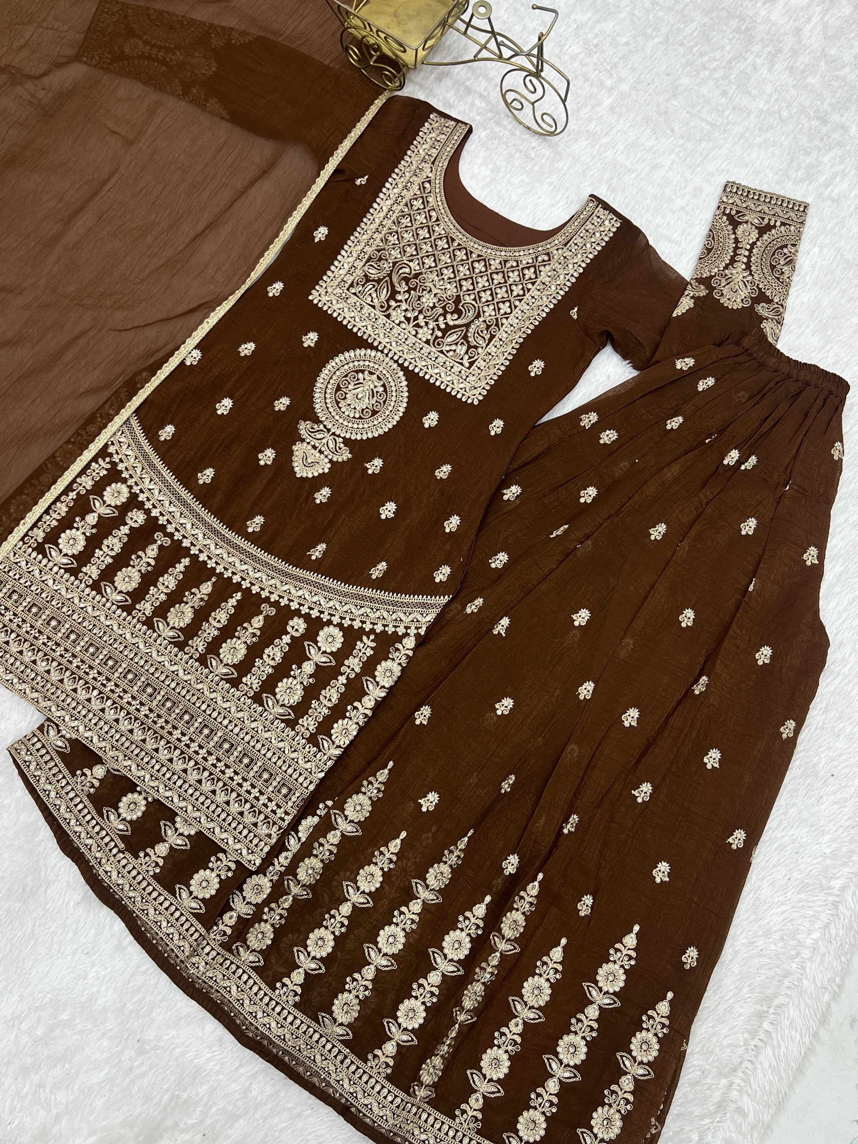 Crunchy Silk Embroidered Sharara Set – Coffee Brown