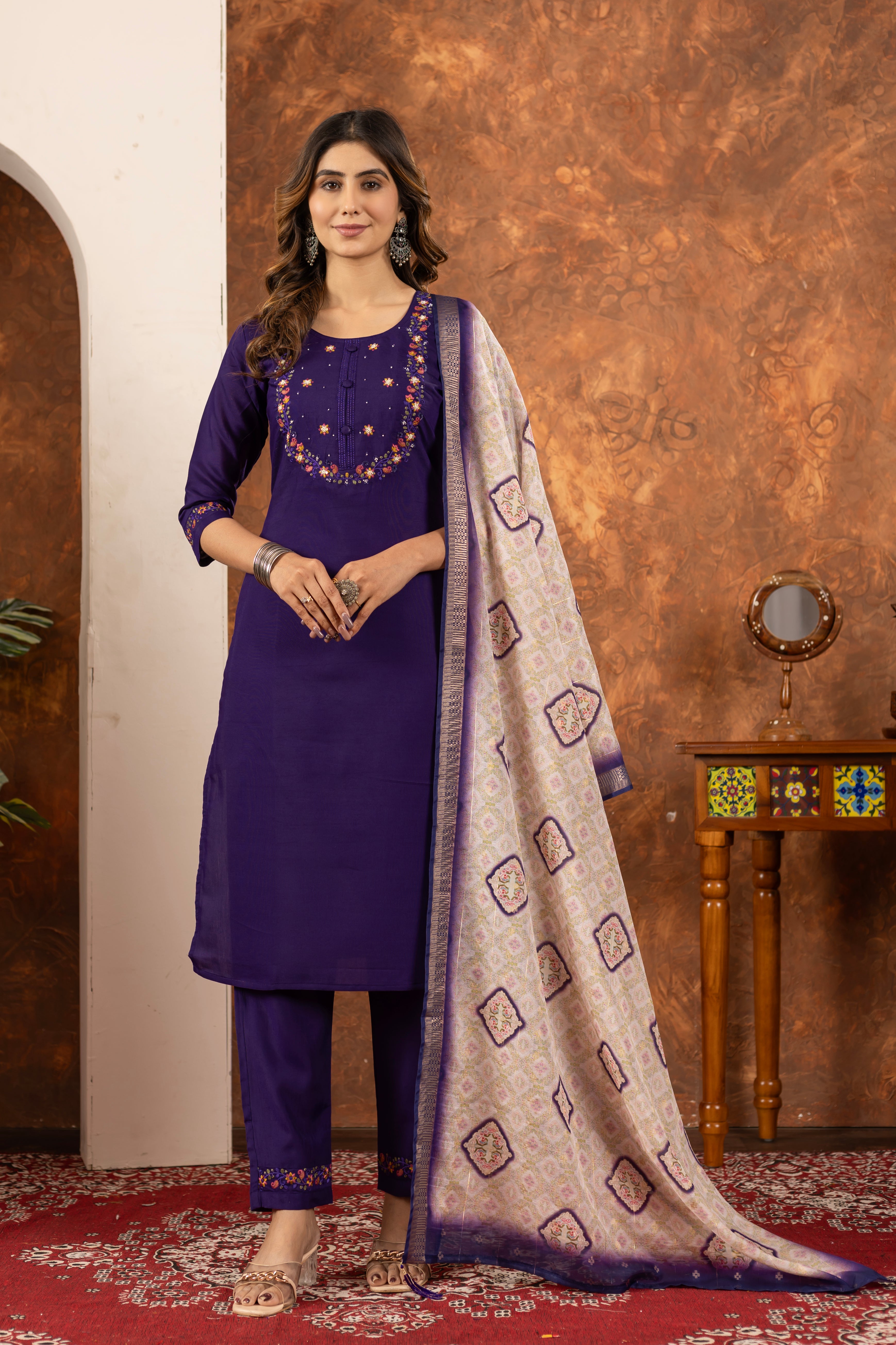 Marina Silk Embroidered Straight Kurti Set – Purple
