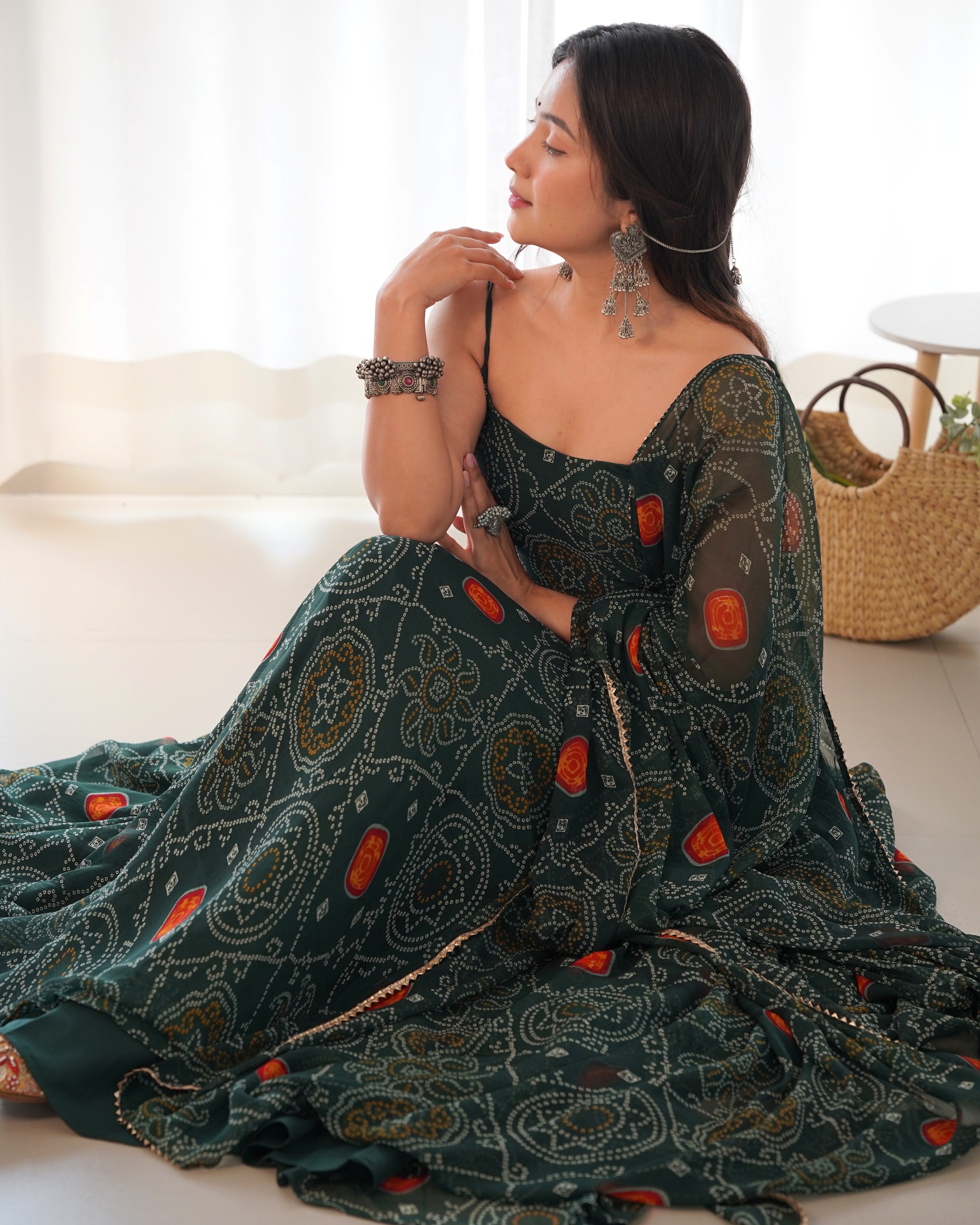 Soft Lightweight Chiffon Bandhej Embroidered Gown Set – Bottle Green