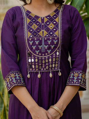 Viscose Roman Silk Embroidered Anarkali Kurti Set – Purple