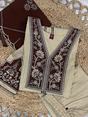 Roman Silk Embroidered Anarkali Kurti Set – Cream