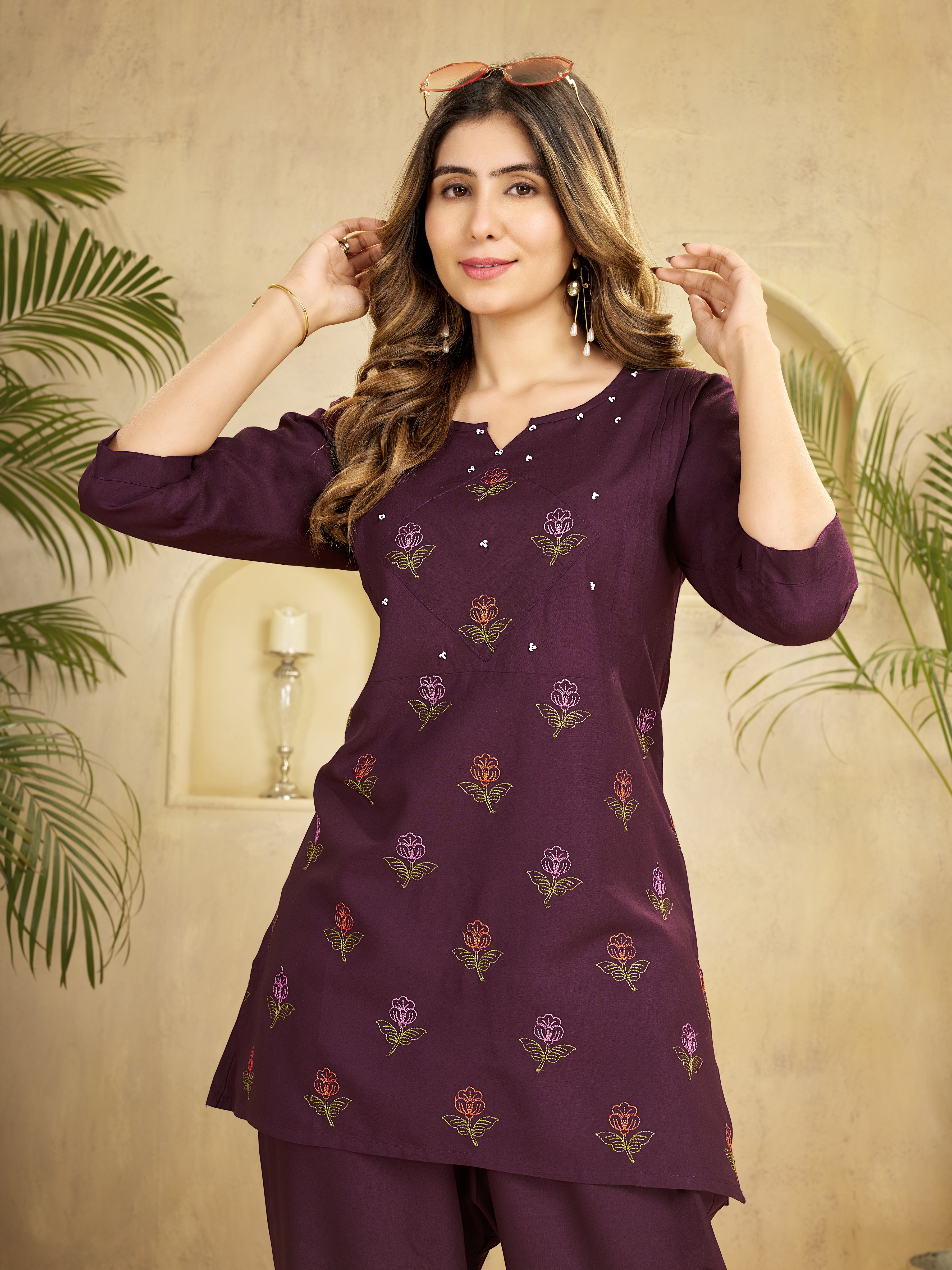 Heavy Rayon Embroidered Co-Ords Set – Wine