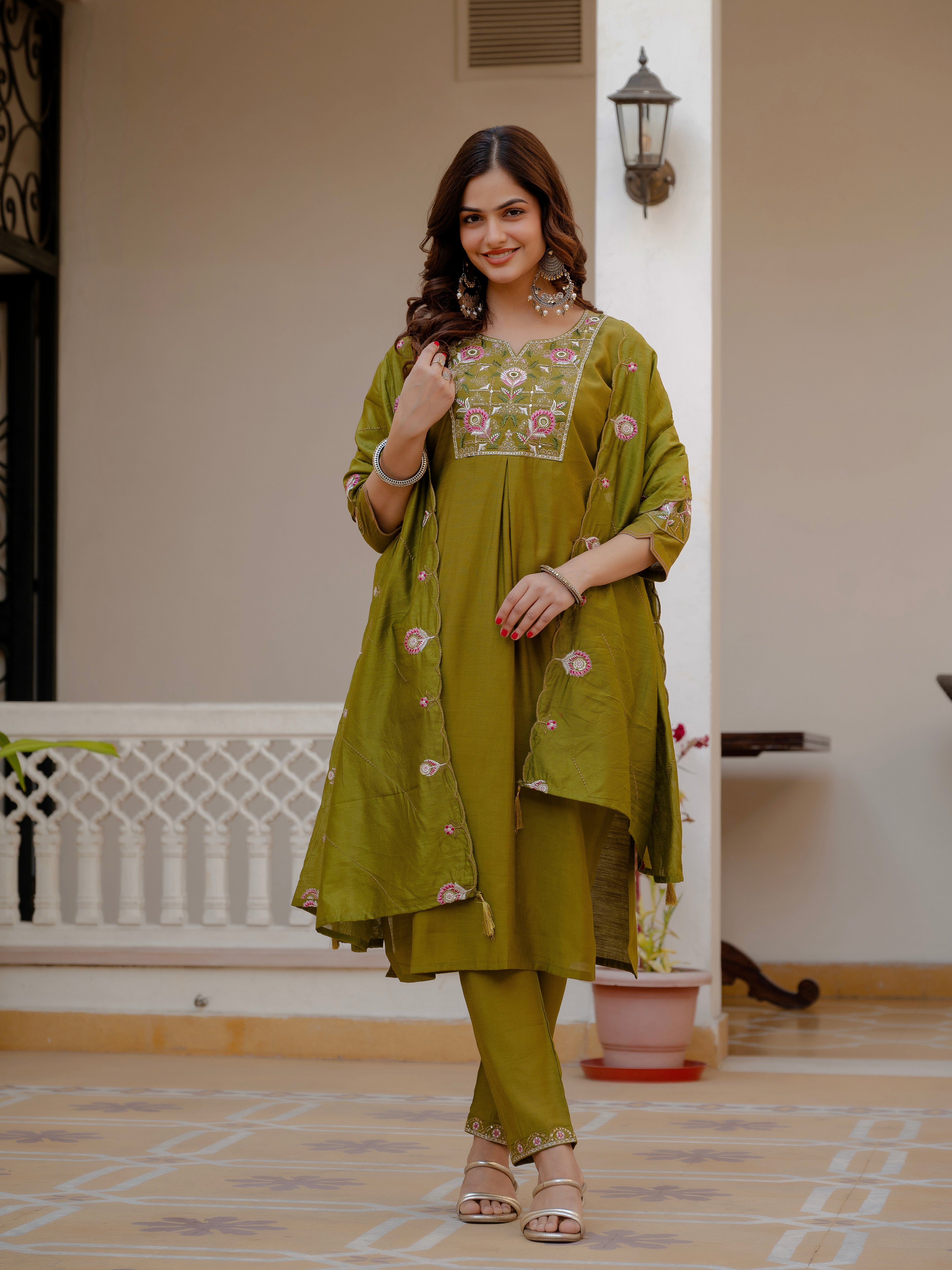 Pure Viscose Mango Silk Embroidered Straight Kurti Set – Mahendi Green