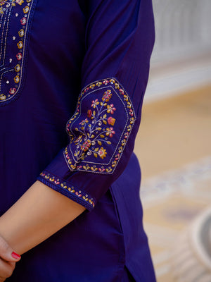 Pure Viscose Mango Silk Embroidered Straight Kurti Set – Violet
