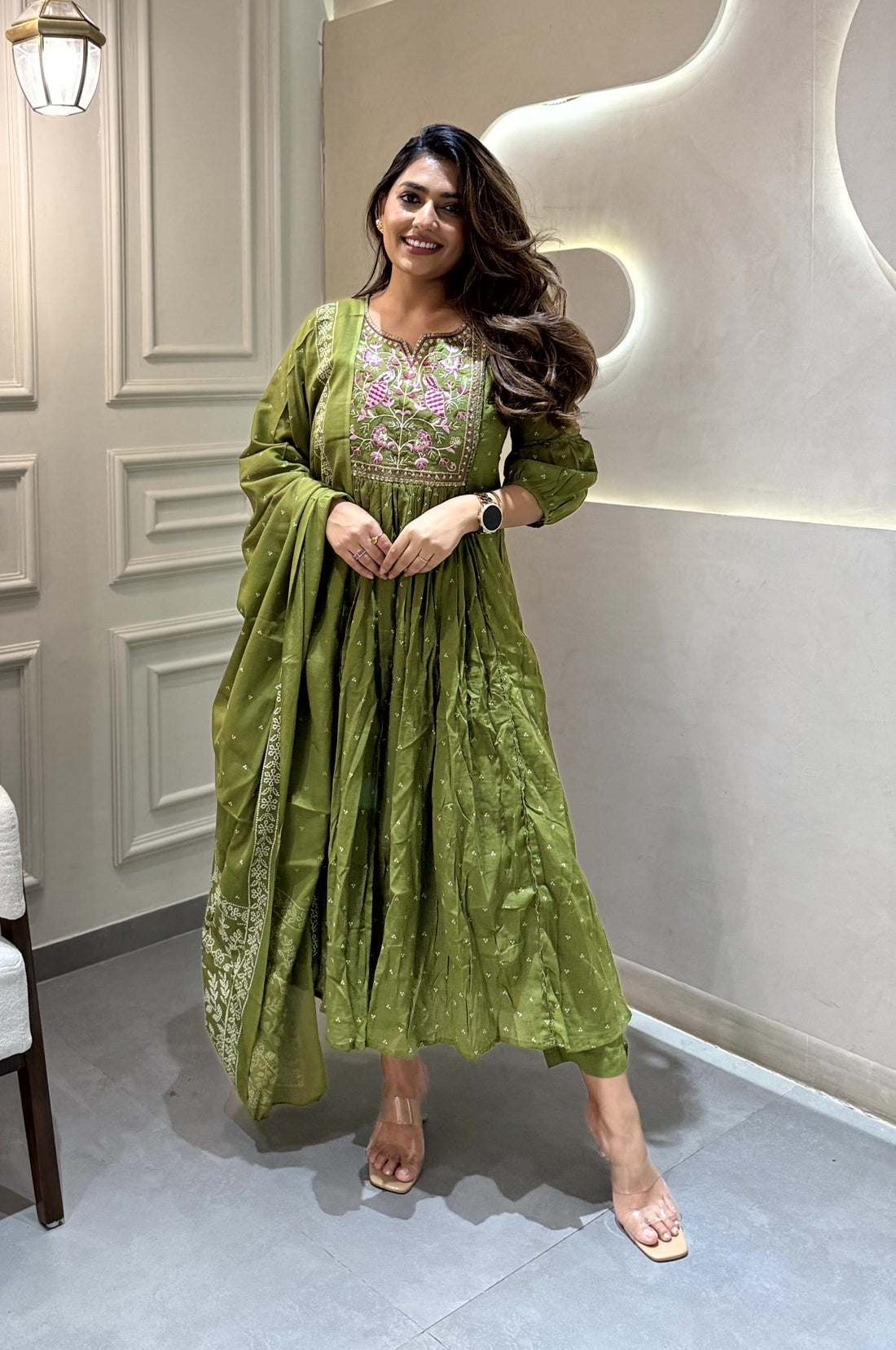 Cotton Embroidered Kurta Pant Dupatta Set – Mehndi Green