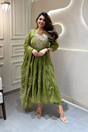 Cotton Embroidered Kurta Pant Dupatta Set – Mehndi Green