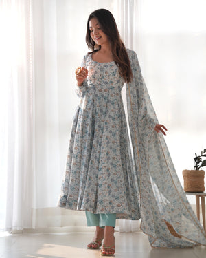 Heavy Orange Chiffon Floral Print Printed Anarkali Set – White Blue