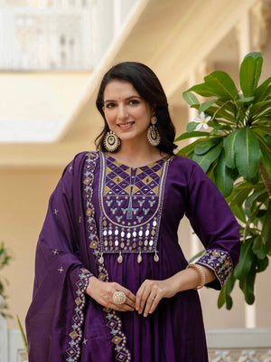 Viscose Roman Silk Embroidered Anarkali Kurti Set – Purple