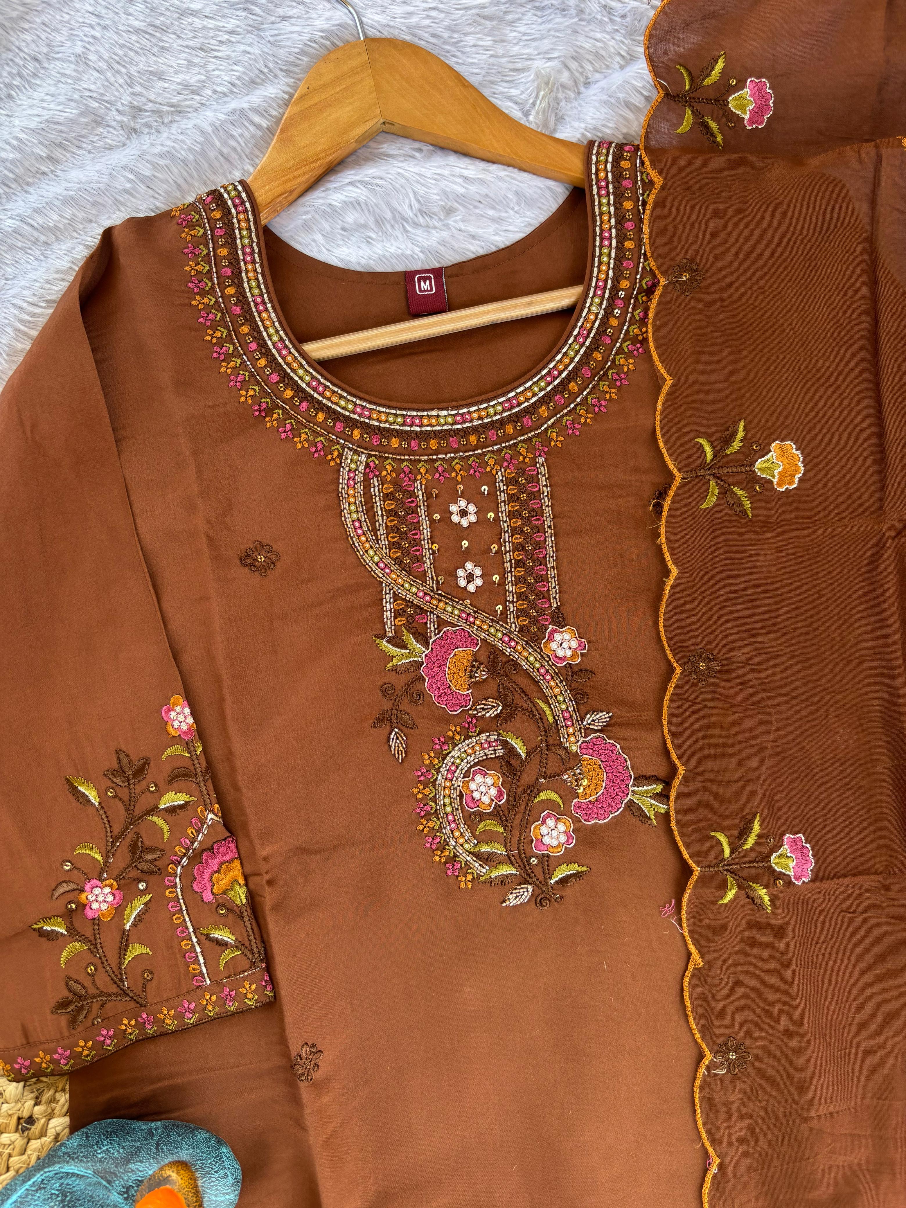 Roman Silk Embroidered Straight Kurti Set – Brown