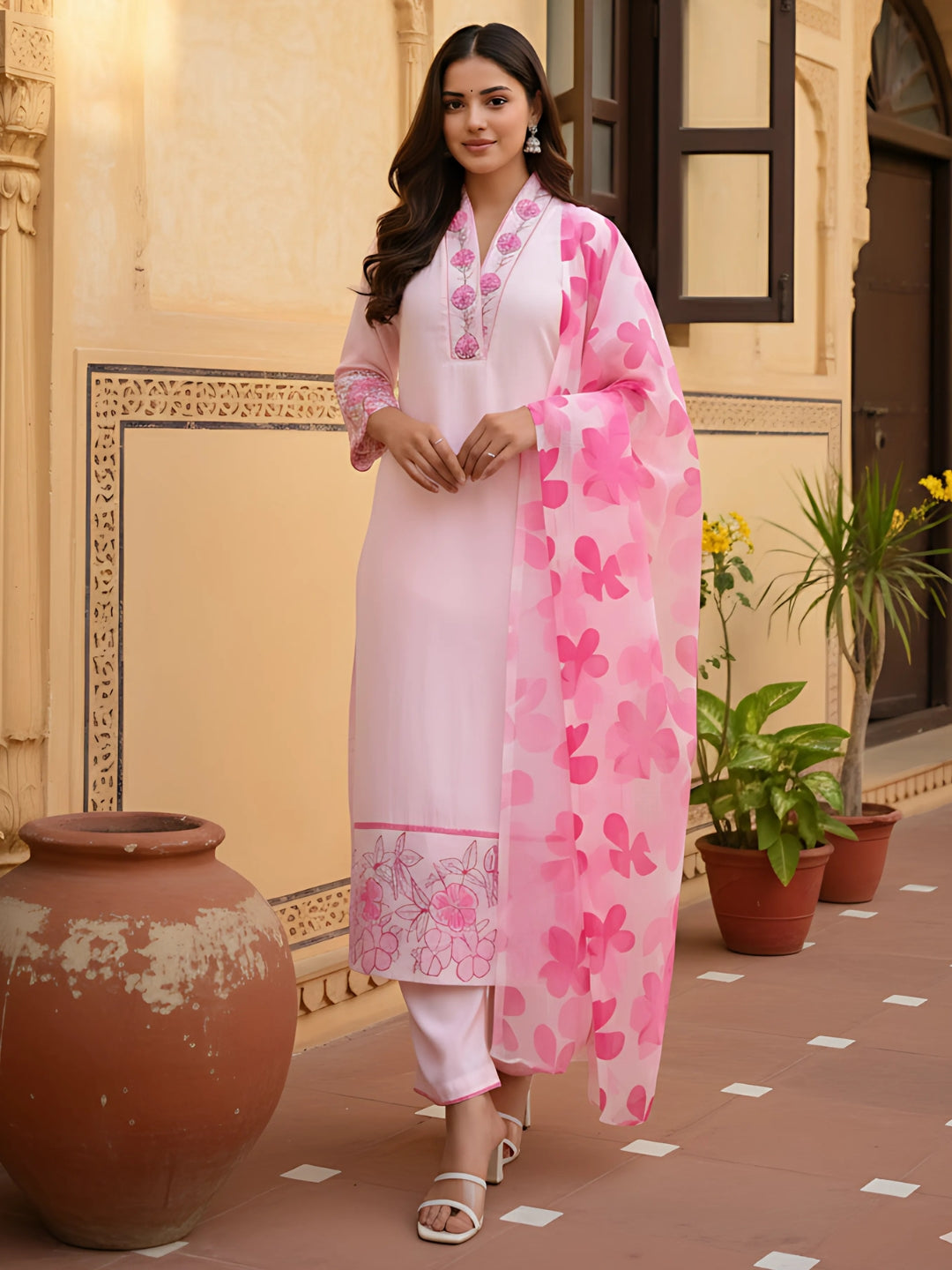 Chanderi Printed Kurta Pant Dupatta Set – Pink