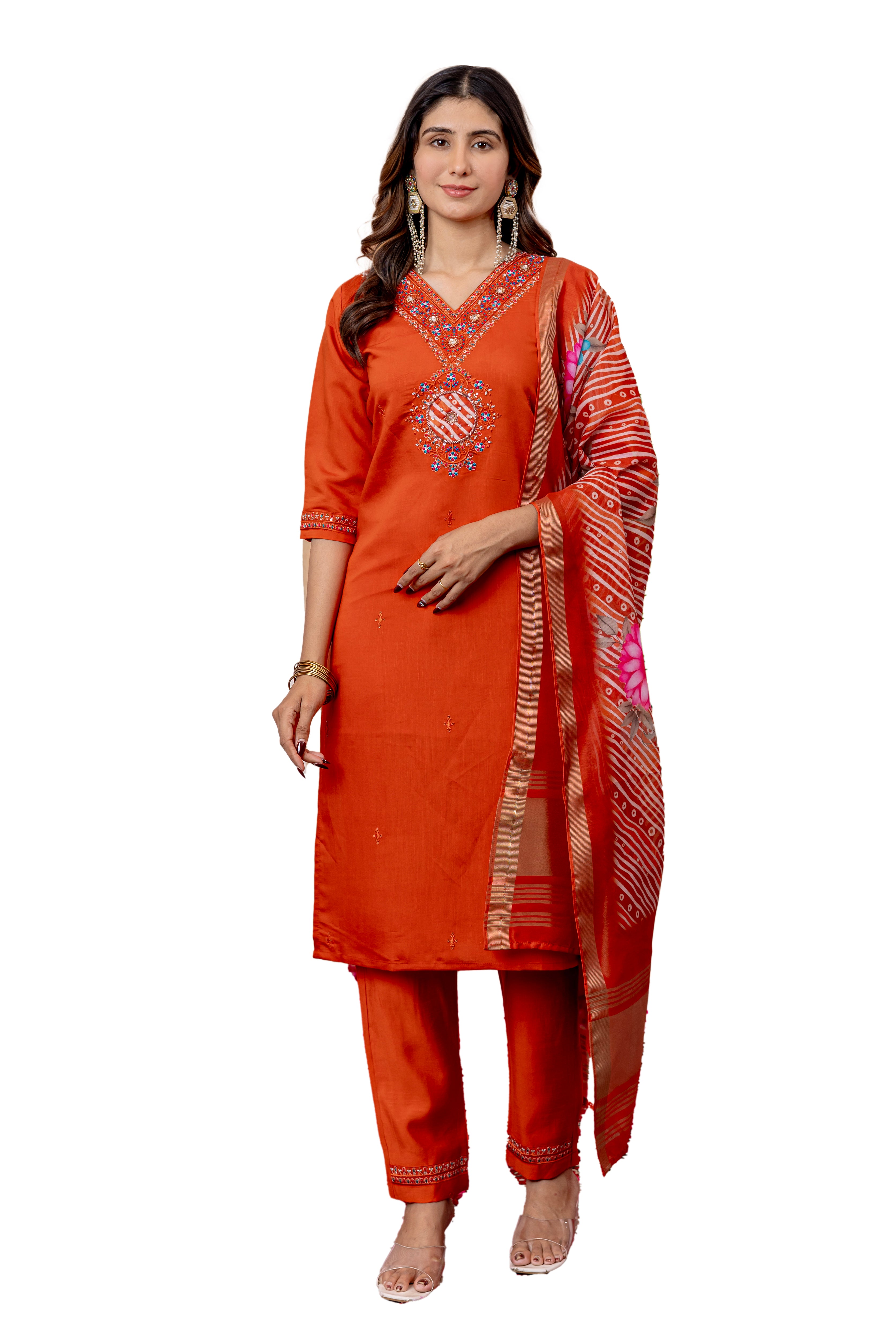 Marina Viscose Silk Embroidered Straight Kurti Set – Orange
