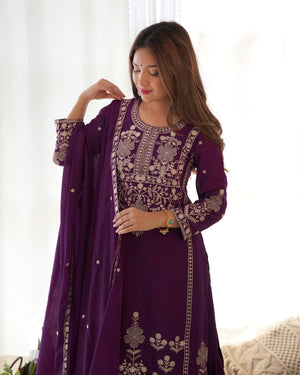 Chinon Silk Embroidered Kurta-Sharara Set – Purple