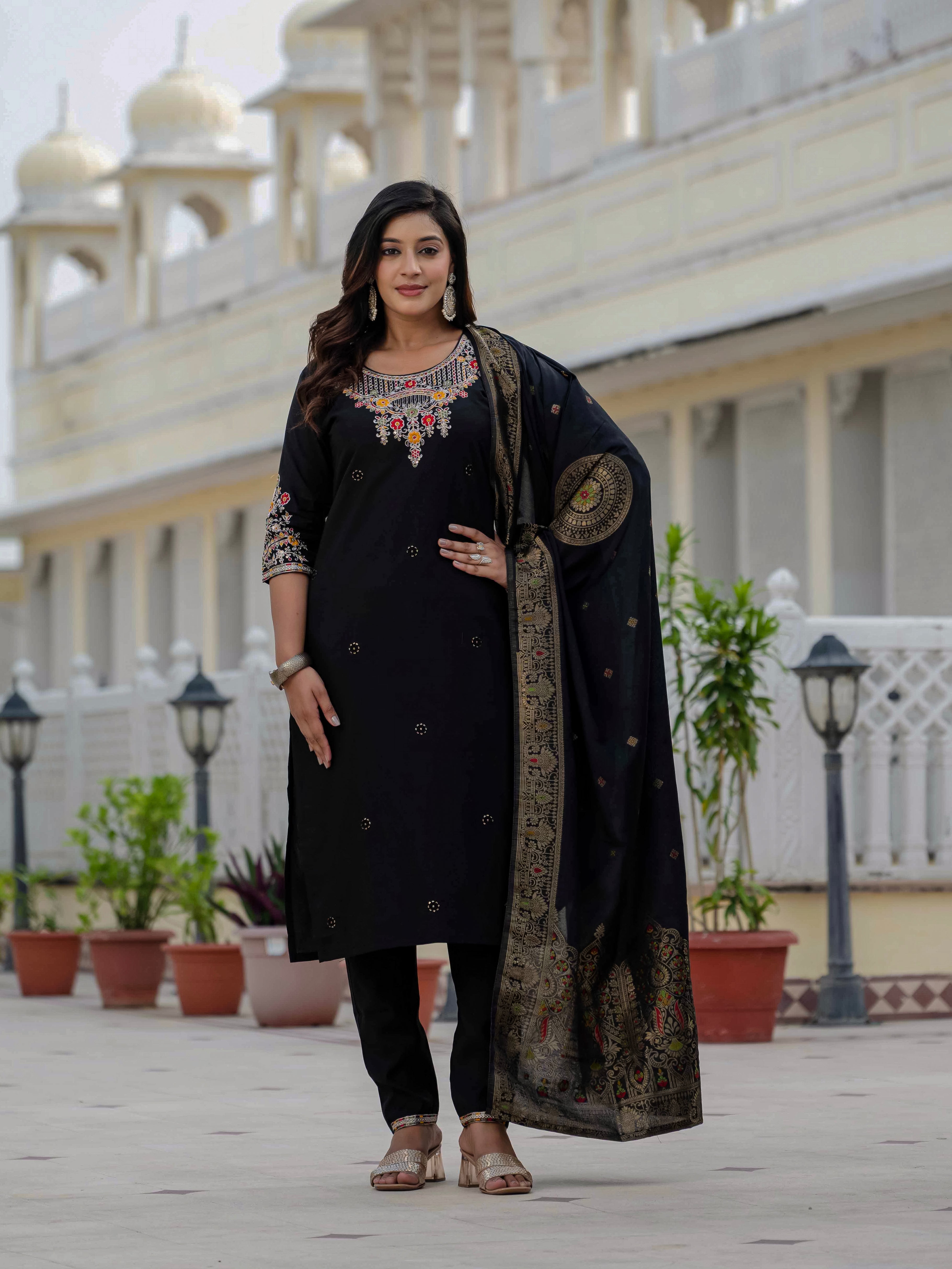 Premium Roman Silk Embroidered Straight Kurti Set – Black