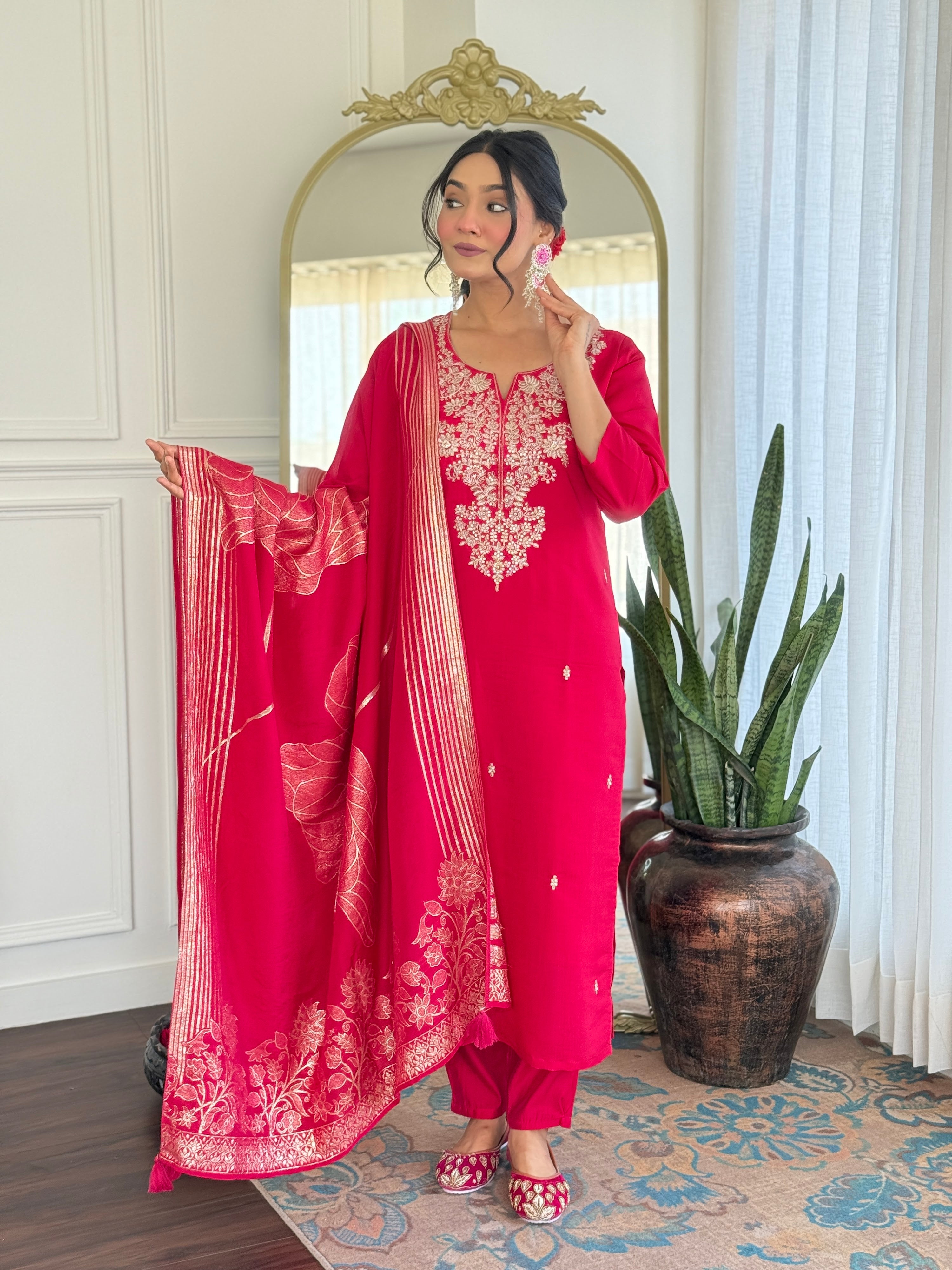 Roman Silk Embroidered Kurta Pant Dupatta Set – Rani Pink