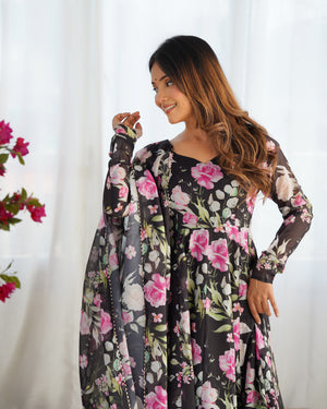 Organza Silk Printed Anarkali Set – Black