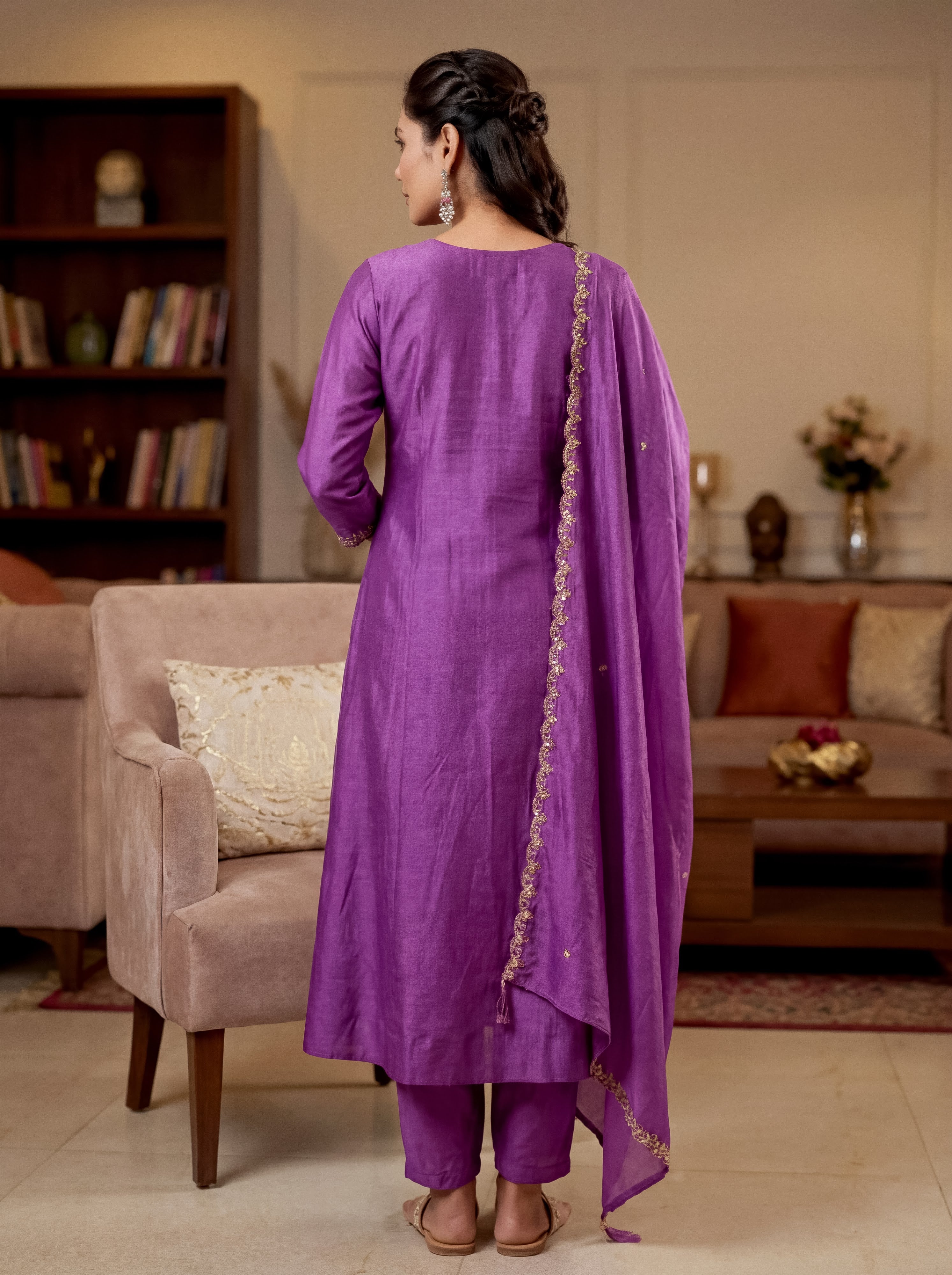 Vichitra Silk Embroidered Kurta Pant Dupatta Set – Purple