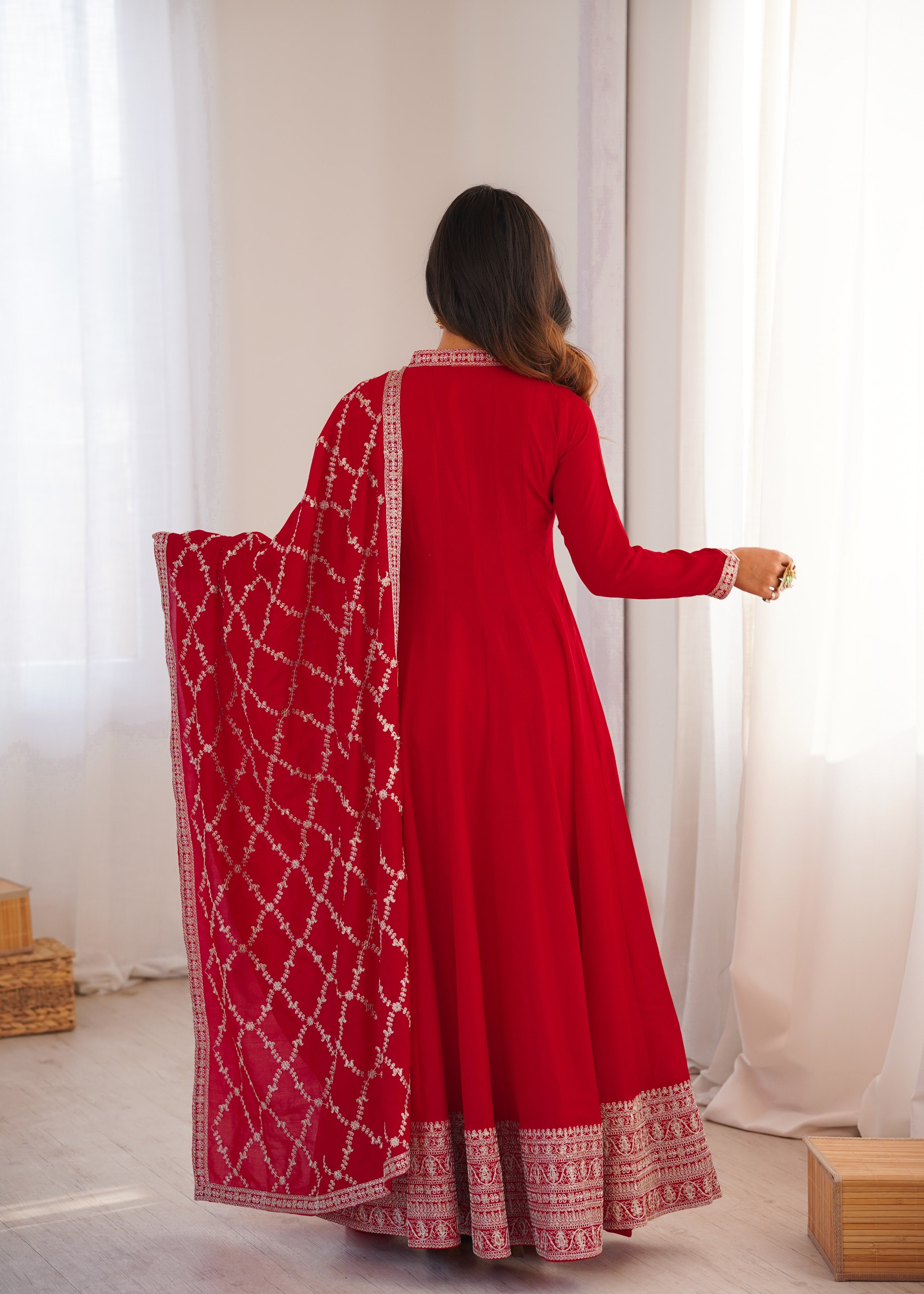 Vichitra Silk Embroidered Gown Set – Red