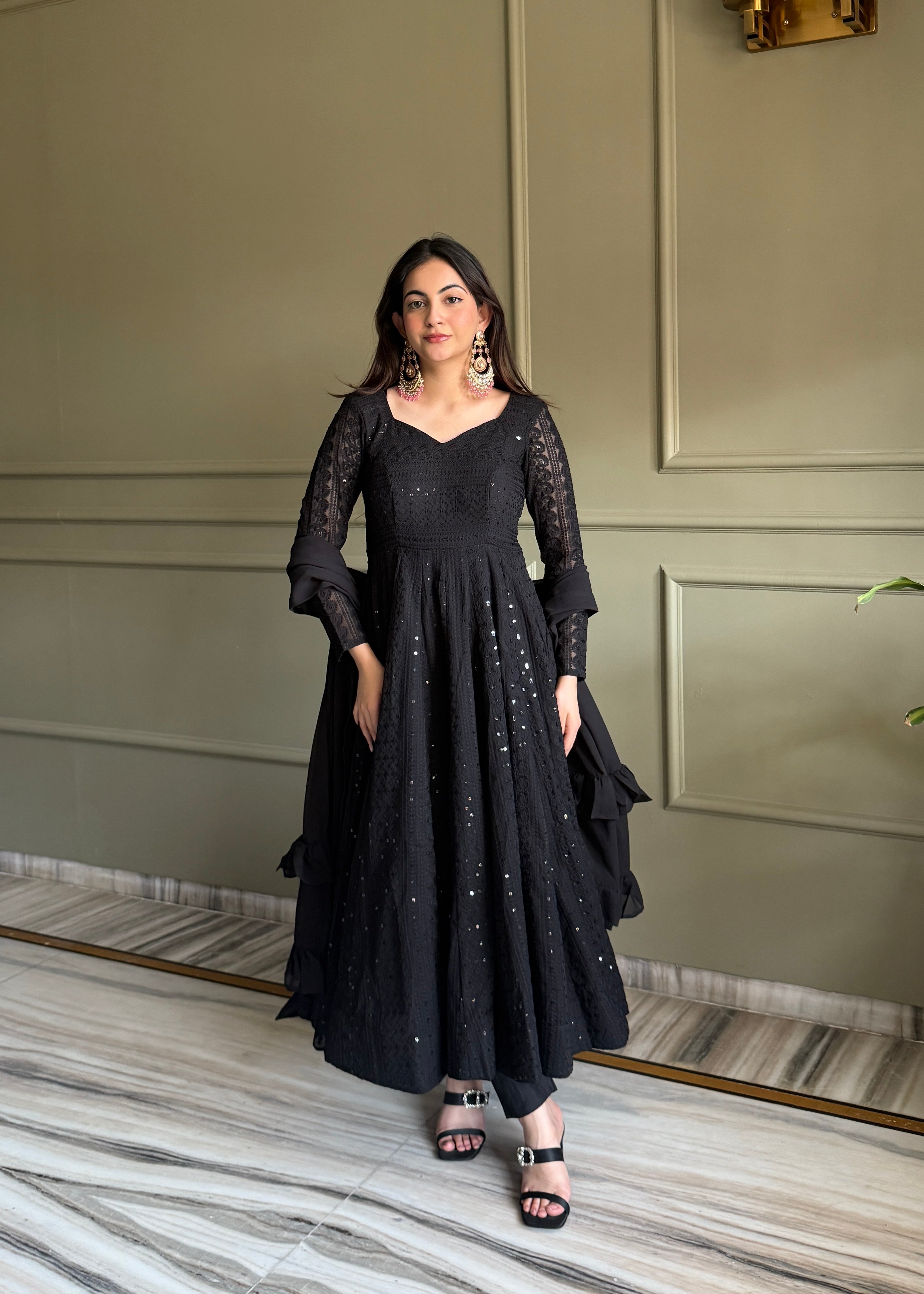 Georgette Embroidered Anarkali Set – Black
