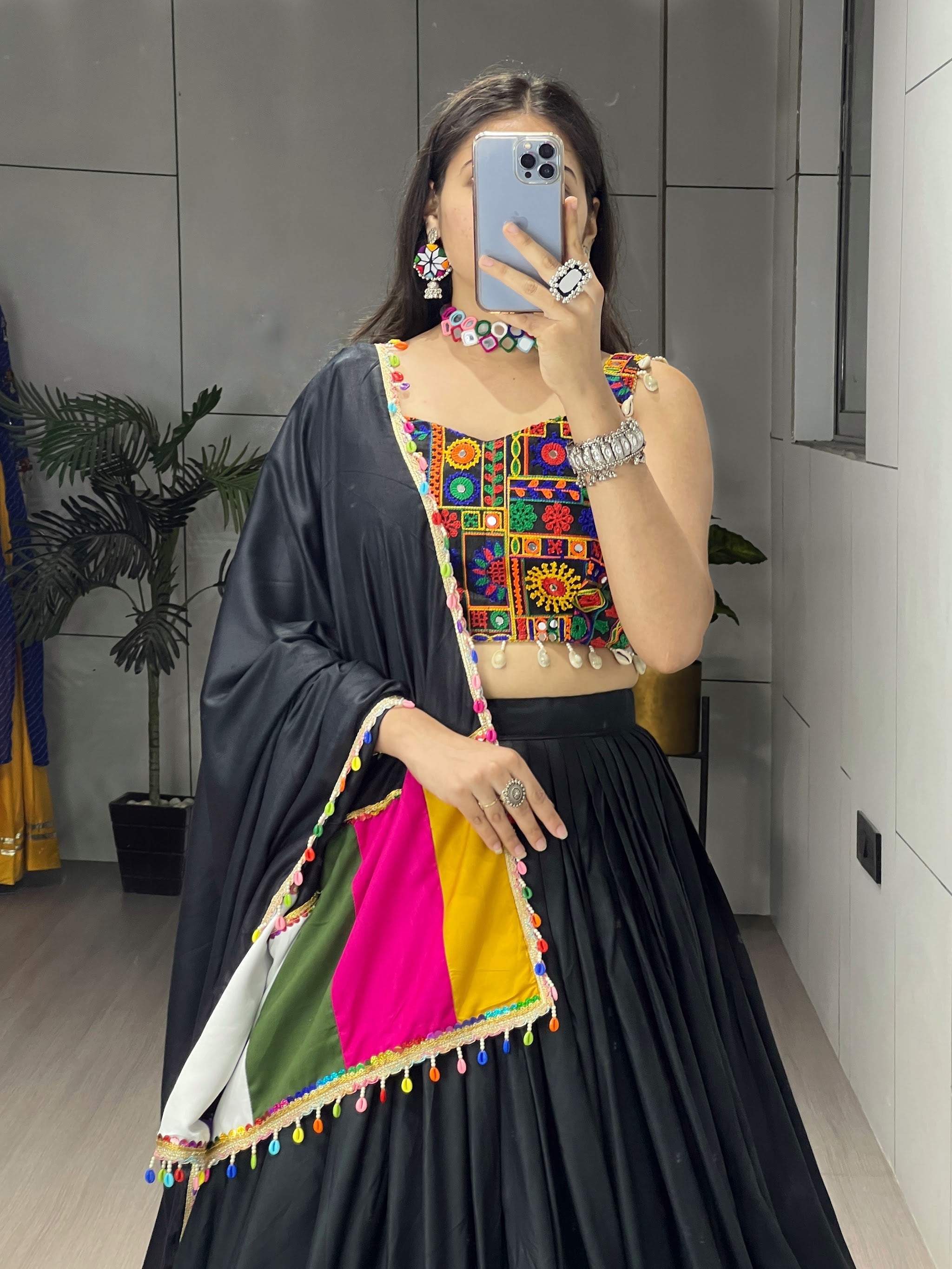Navratri Black Gamthi Mirror Work Lehenga Set