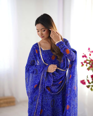 Soft Lightweight Chiffon Bandhej Fabric Inner Micro Cotton Embroidered Anarkali Set – Blue