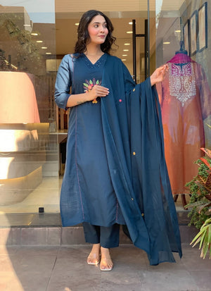 Rayon Slub Embroidered Kurta Pant Dupatta Set – Teal Blue