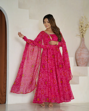 Soft Lightweight Chiffon Bandhej Fabric Inner Micro Cotton Embroidered Anarkali Set – Pink