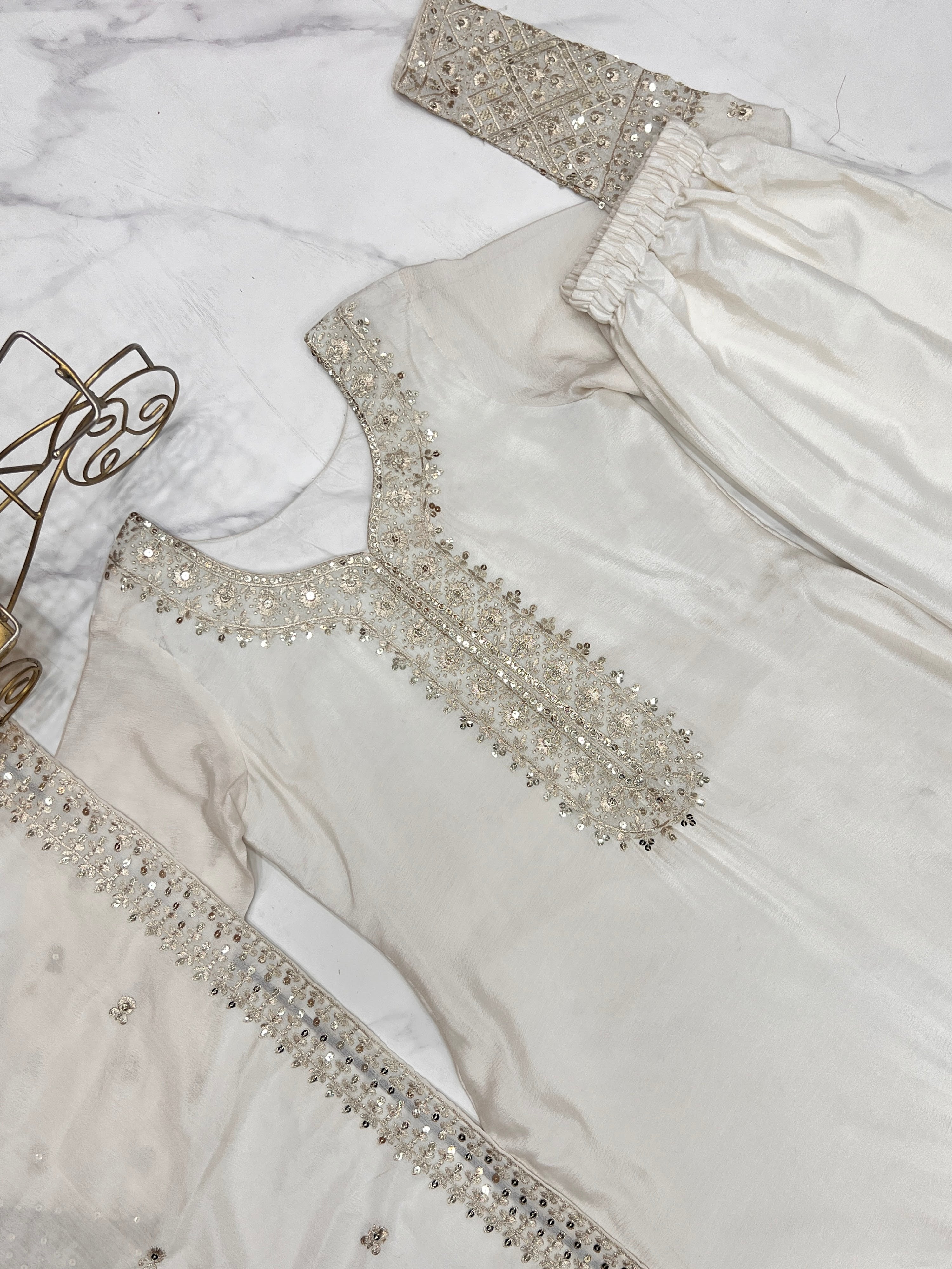 Chinon Silk Embroidered Straight Kurta Set – Ivory