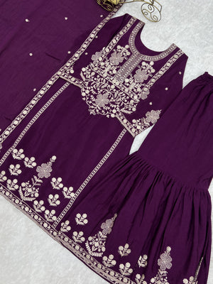 Chinon Silk Embroidered Kurta-Sharara Set – Purple
