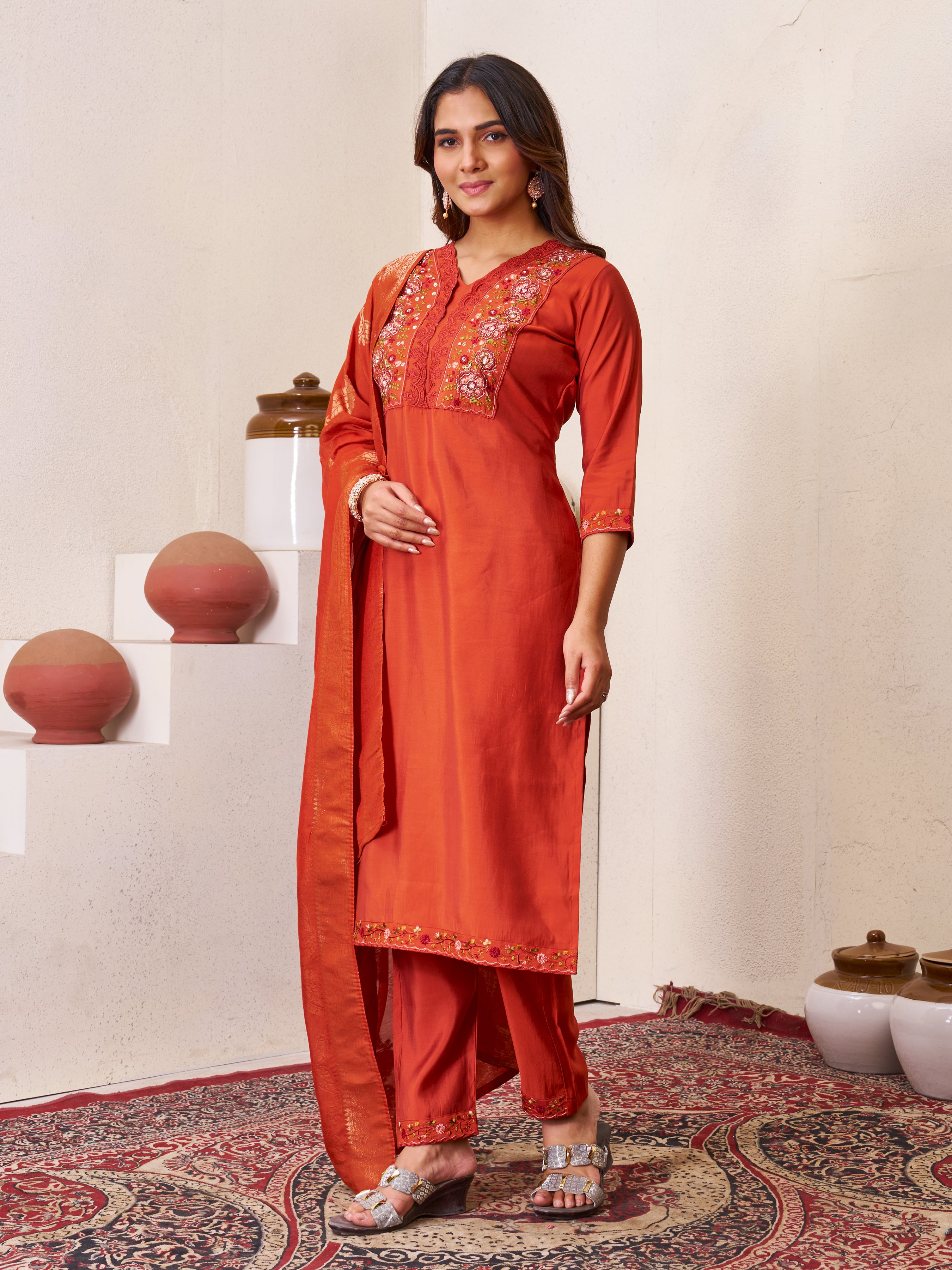 Roman Silk Embroidered Straight Kurti Set – Rust