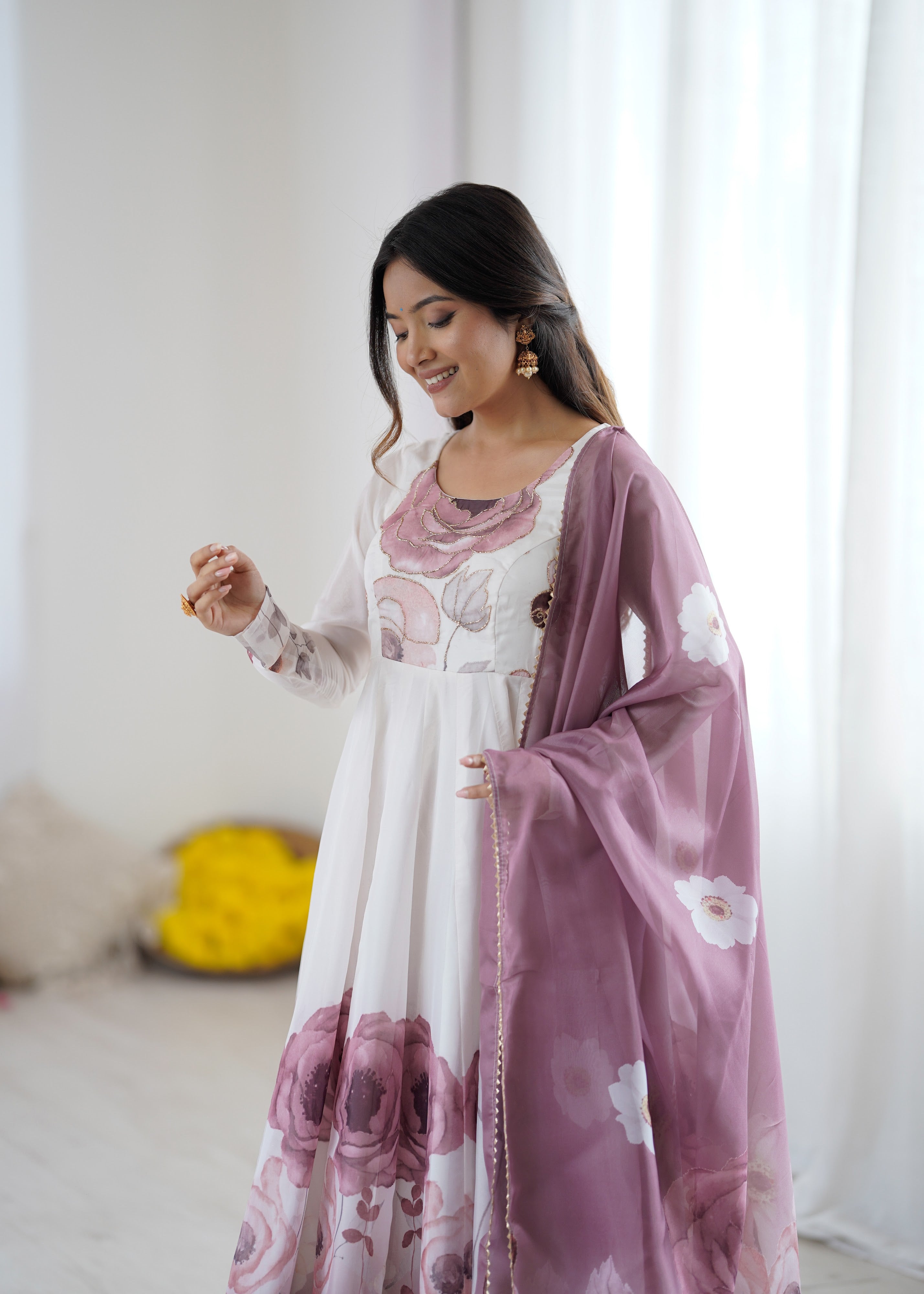 Organza Silk Printed Anarkali Set – Lilac Floral