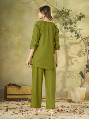Pure Cotton Embroidered Co-Ords Set – Mehendi