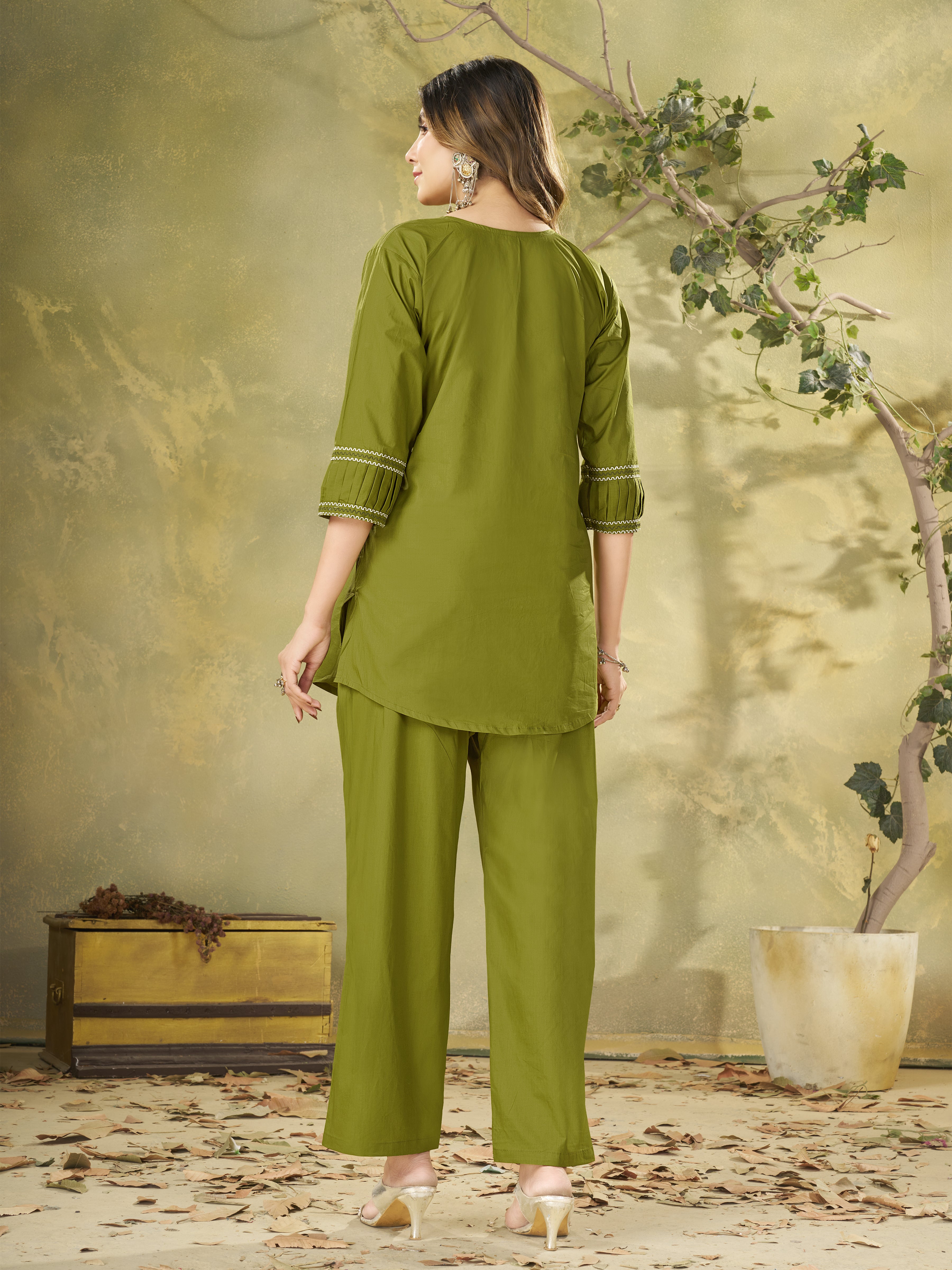 Pure Cotton Embroidered Co-Ords Set – Mehendi