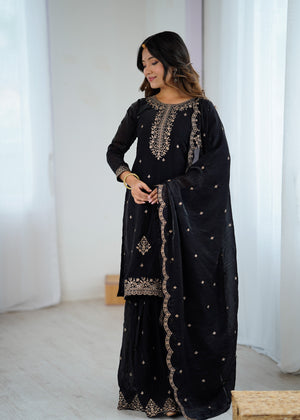 Crunchy Silk Embroidered Kurta-Sharara Set – Black