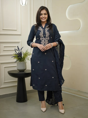 Rayon Slub Embroidered Kurta Pant Dupatta Set – Navy Blue
