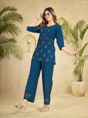 Heavy Rayon Embroidered Co-Ords Set – Blue