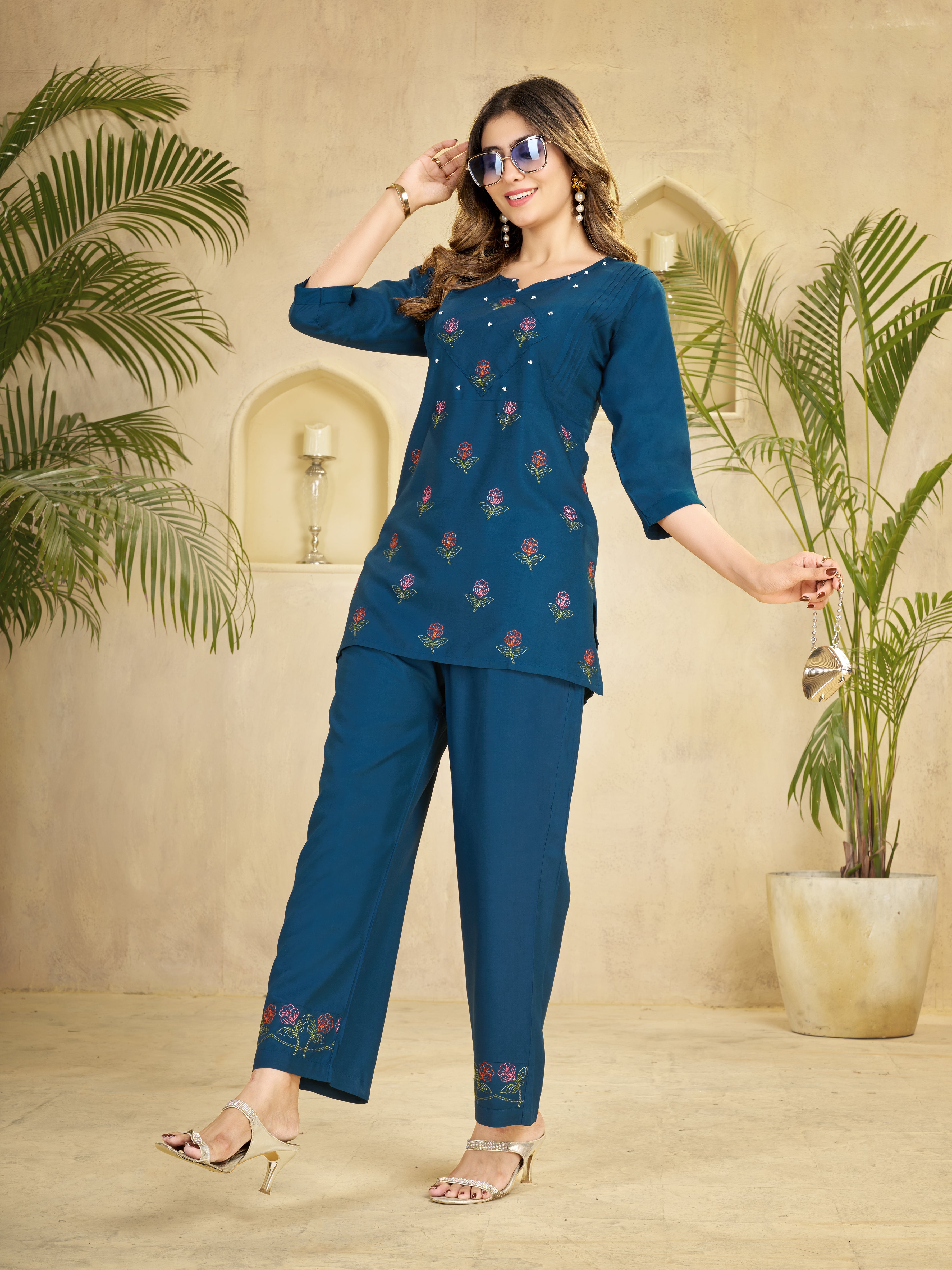 Heavy Rayon Embroidered Co-Ords Set – Blue