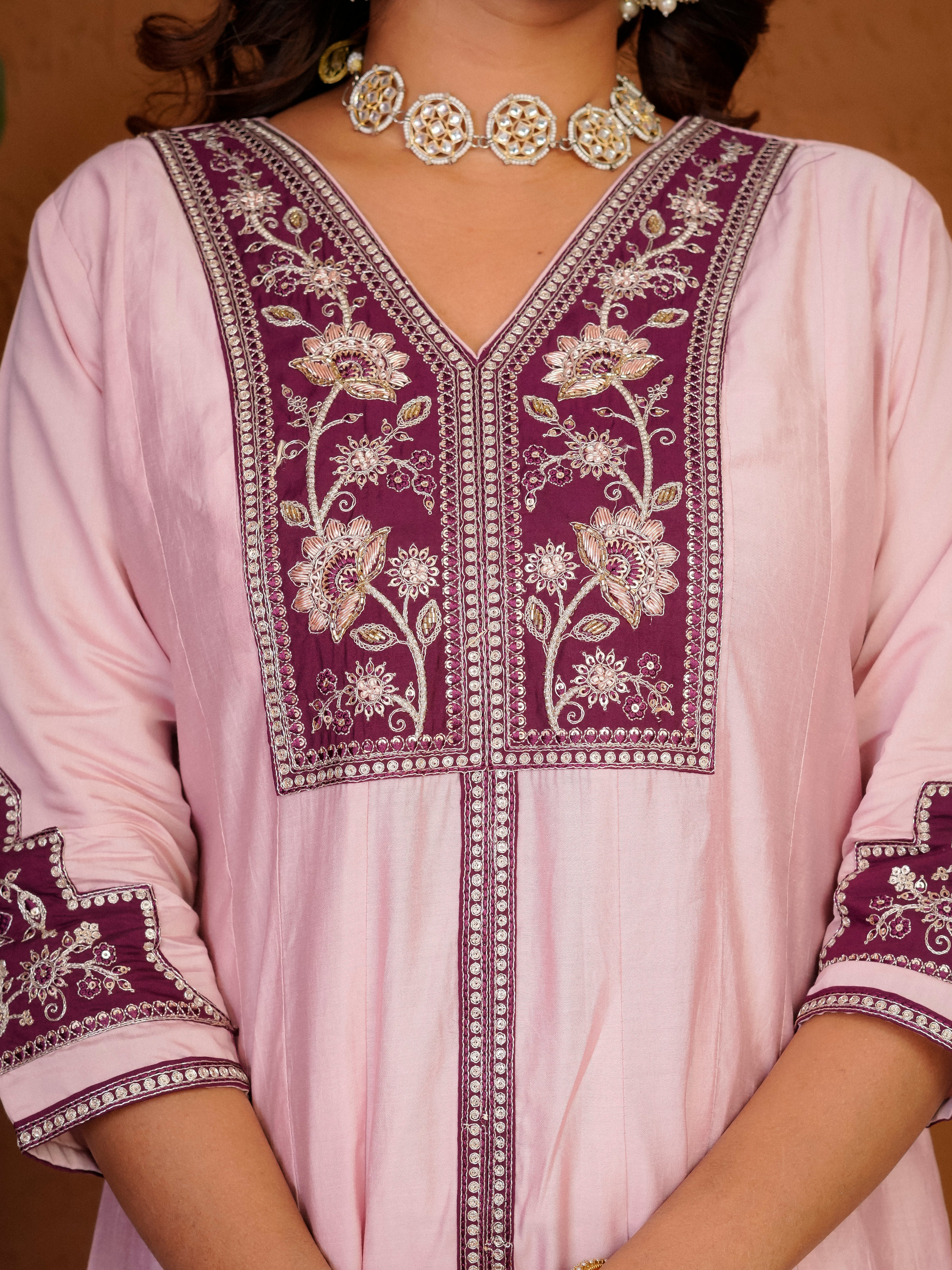 Roman Silk Embroidered Anarkali Kurti Set – Baby Pink