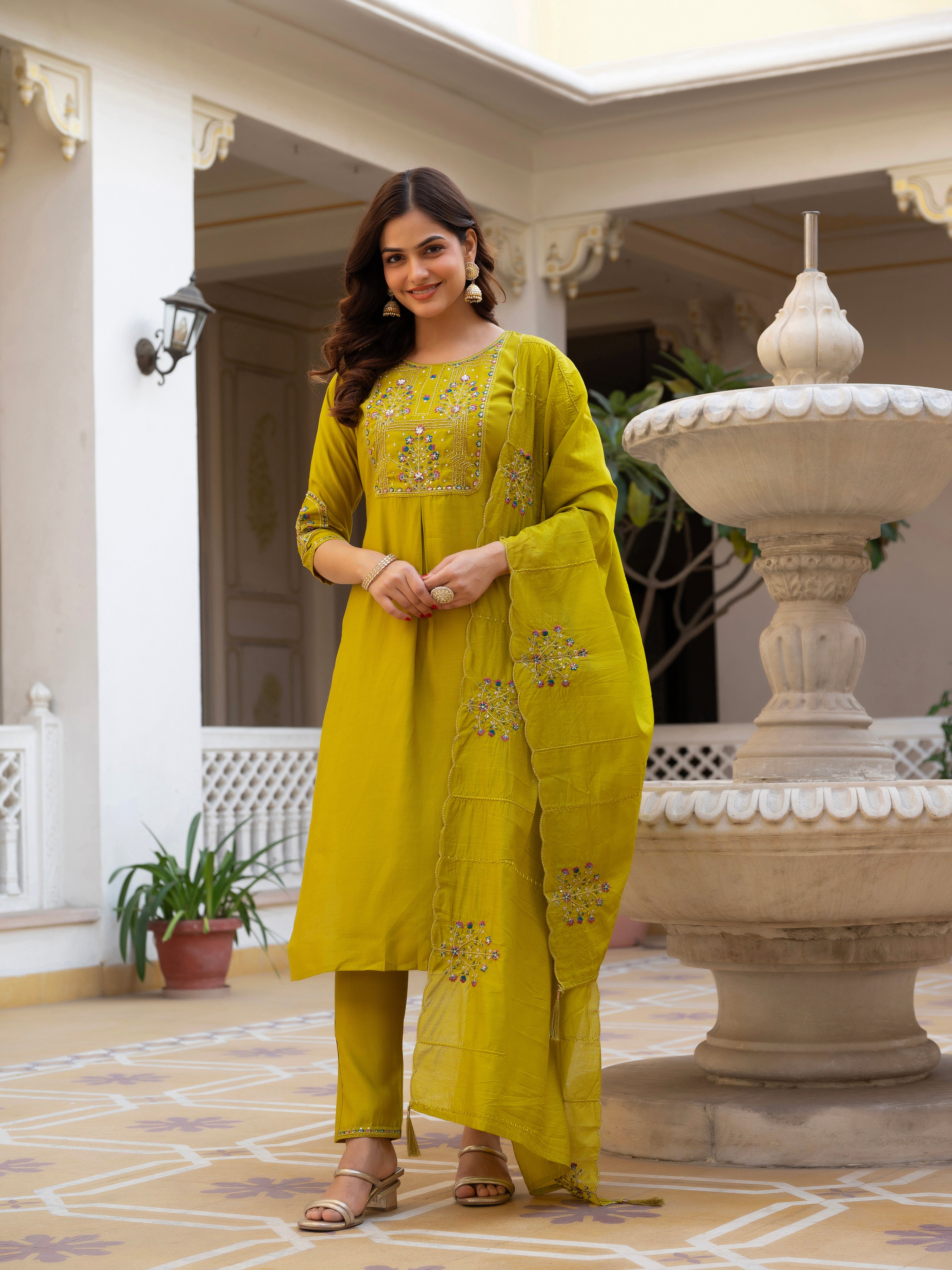 Pure Viscose Mango Silk Embroidered Straight Kurti Set – Yellow