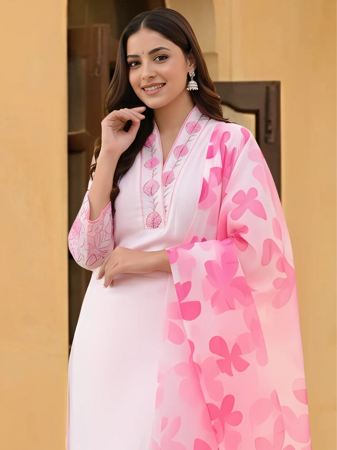 Chanderi Printed Kurta Pant Dupatta Set – Pink