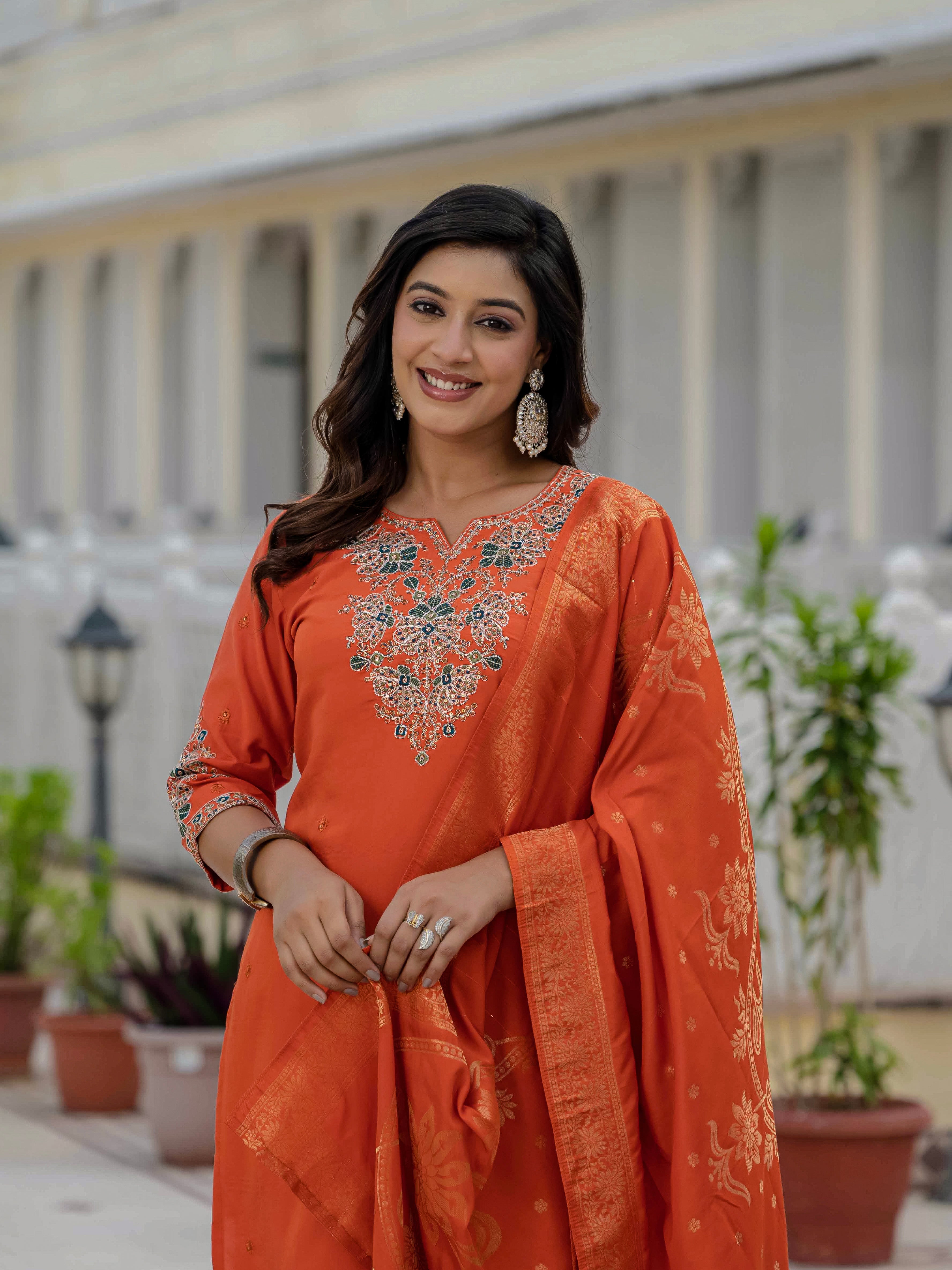 Premium Roman Silk Embroidered Straight Kurti Set – Orange