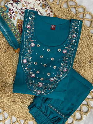 Premium Marina Silk Embroidered Straight Kurti Set – Firozi