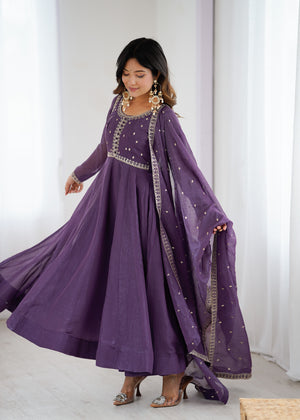 Crunchy Silk Embroidered Gown Set – Purple