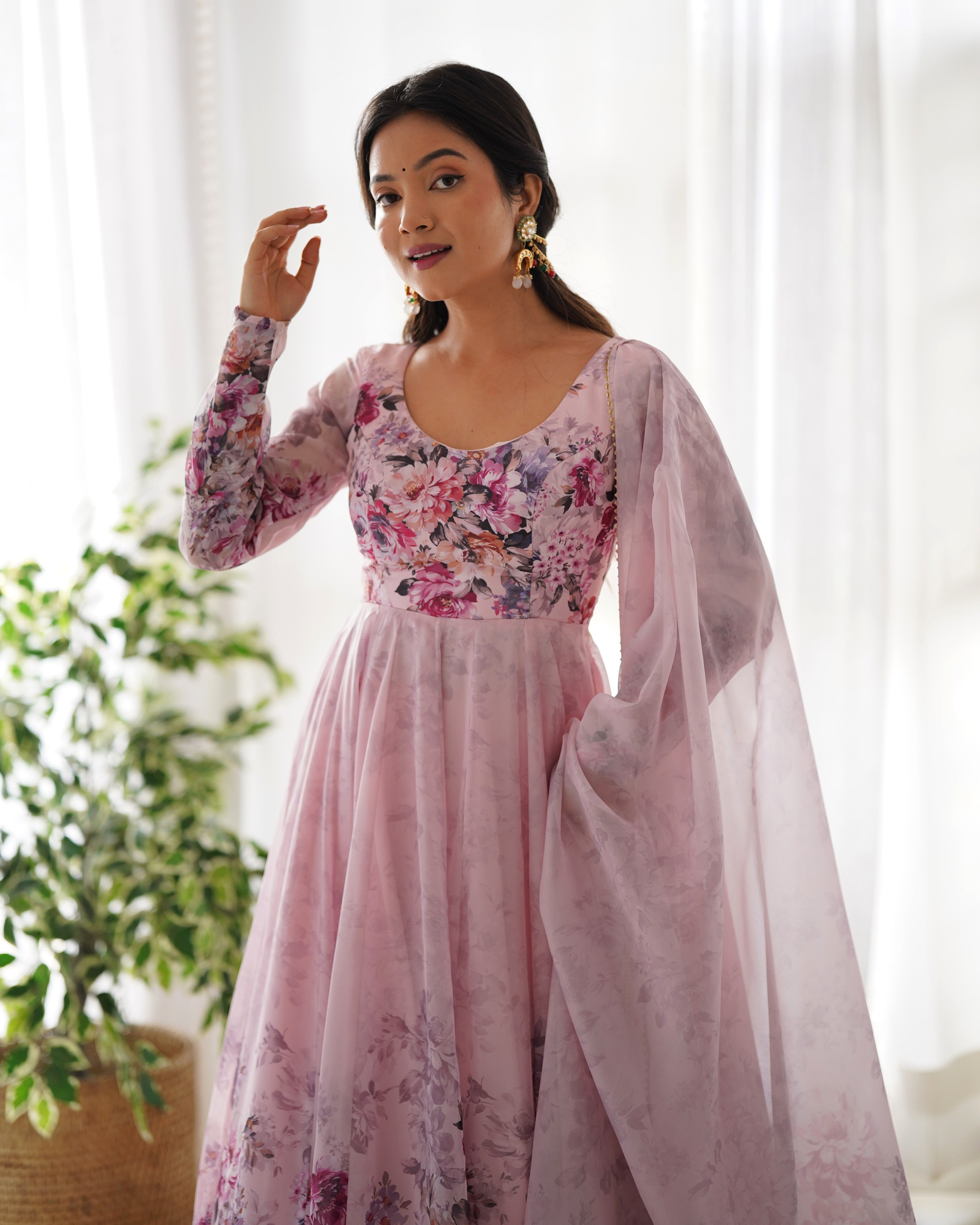 Organza Silk Printed Anarkali Set – Pink