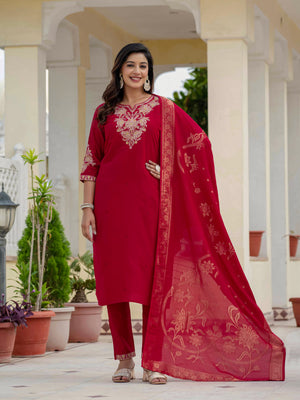 Premium Roman Silk Embroidered Straight Kurti Set – Maroon