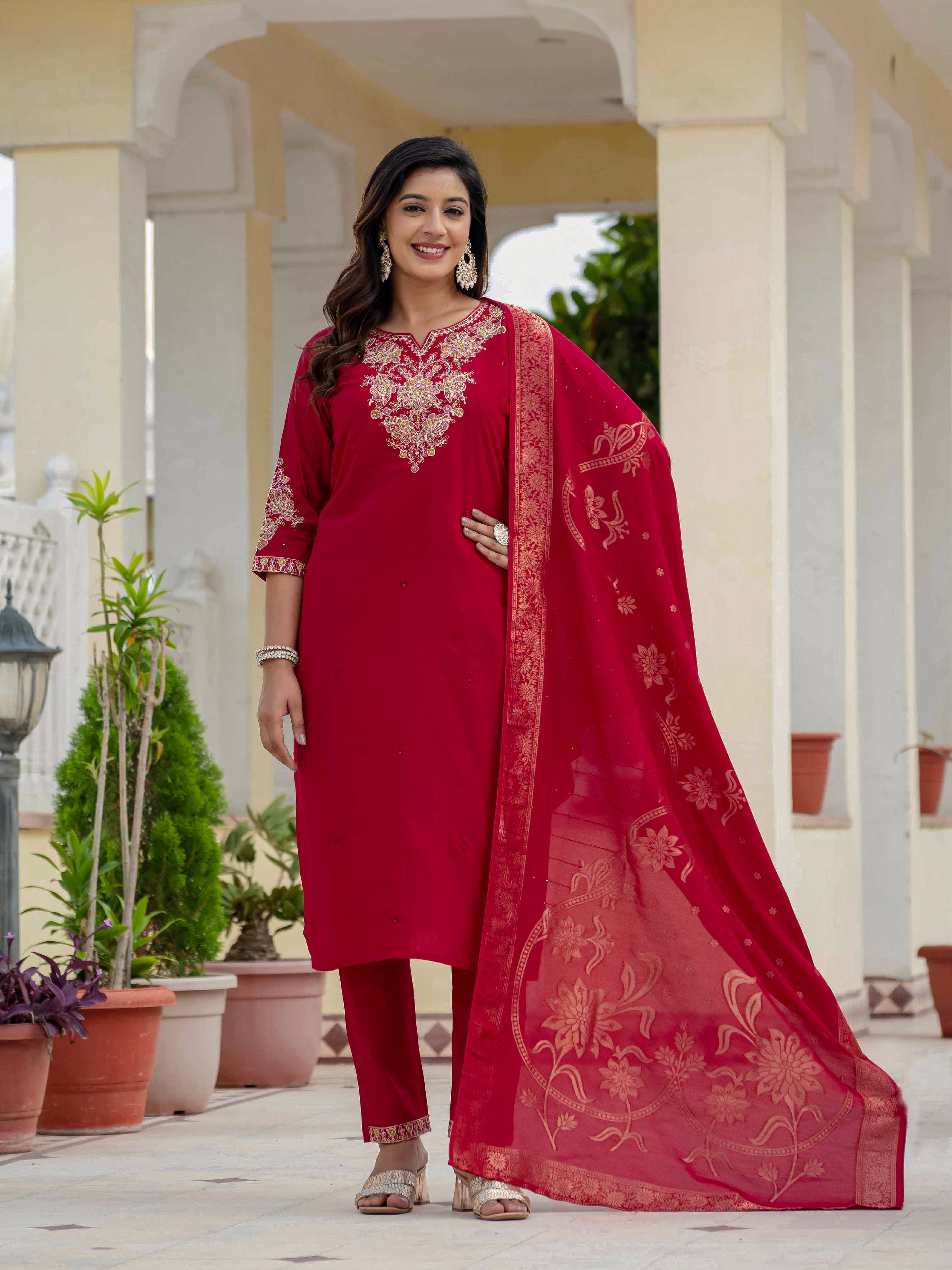 Premium Roman Silk Embroidered Straight Kurti Set – Maroon